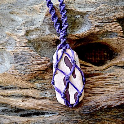 Zebra Oblong Stone Necklace with Purple Macrame String with Pouch.