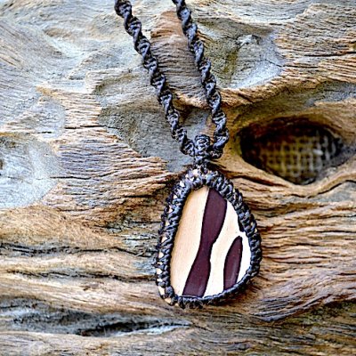 Zebra Teardrop Stone Necklace with Dark Brown String with Pouch.